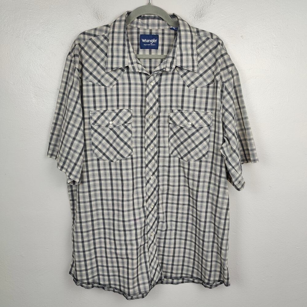 Wrangler Pearl Snap Button‎ Shirt Mens XL Gray Cream Plaid Check Western Country